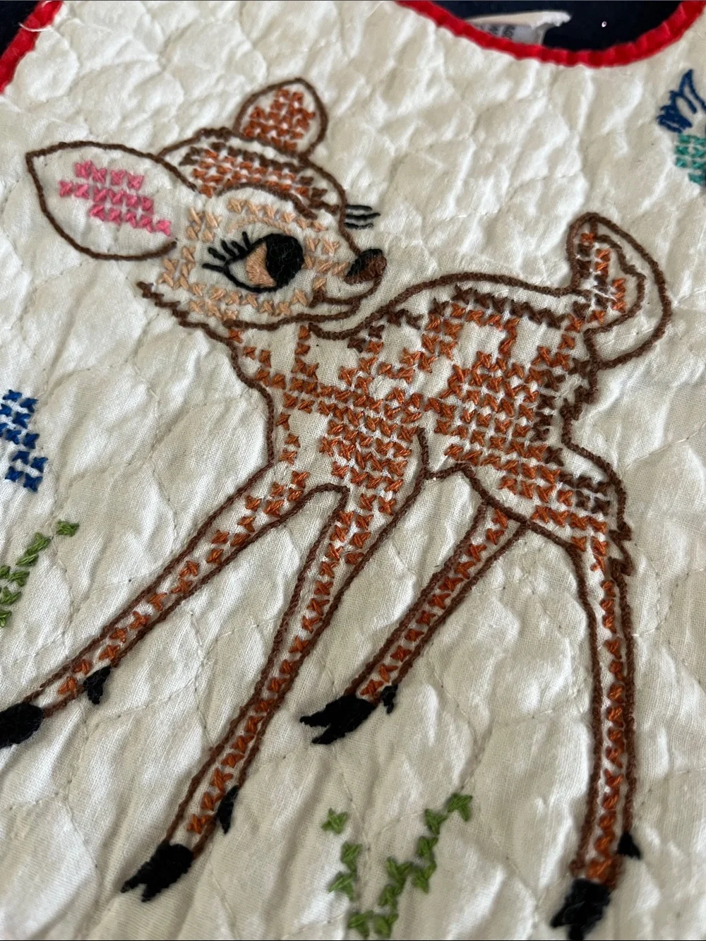 Vintage Handcrafted Embroidered Bambi Baby Bib with Red Trim